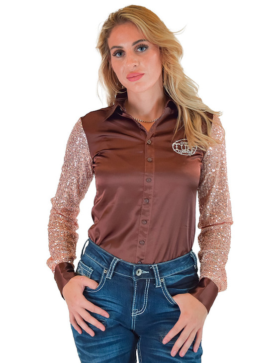 Brown Satin with Champagne Sequin Sheer Sleeves Pullover Button Up