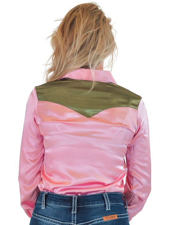 Champagne Pink with Moss Green Satin Pullover Button Up with embroidered flowers