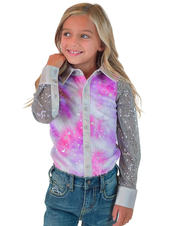 GIRLS Pink & Purple Tie Dye Velor with Silver Stars Sparkles & Silver Sequin Sleeves Pullover Button Up