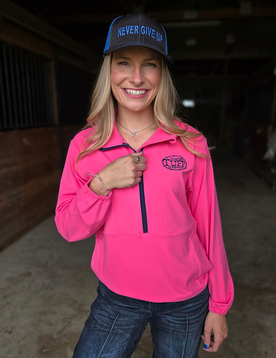 Pink Athletic Stretch 1/2 Zip Cadet with pouch pocket with Navy embroiered logo