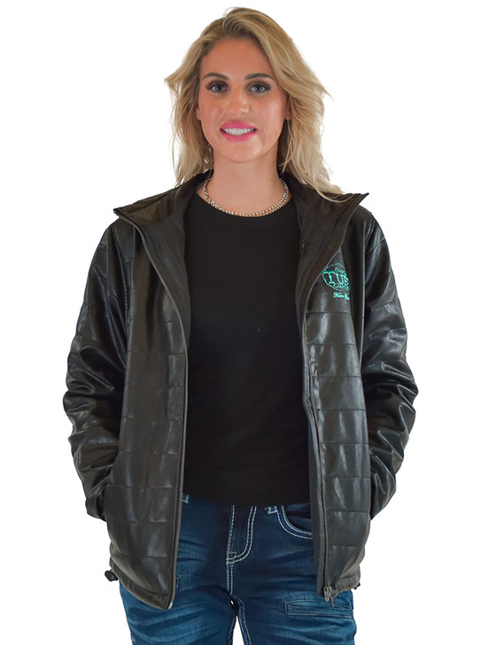 Black Faux Leather Jacket with Turquoise embrodered logos