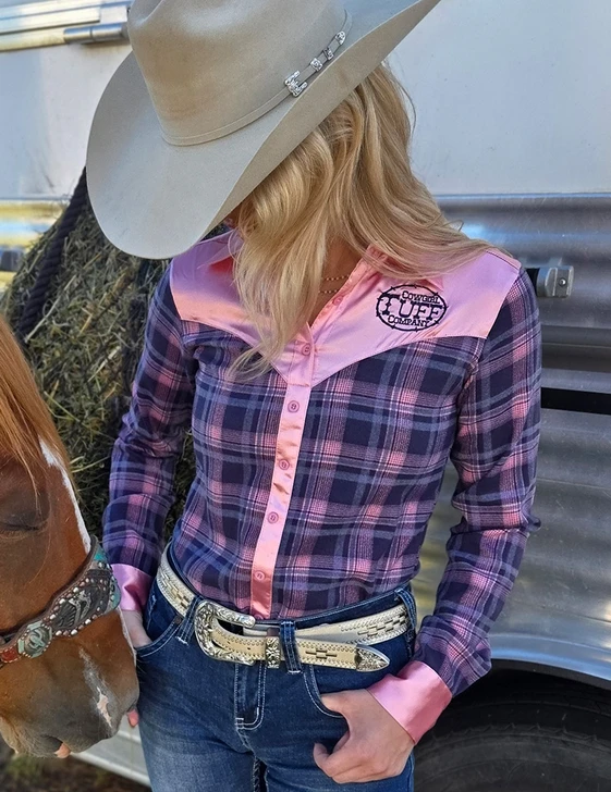 Navy & Pink Plaid with Pink Satin Pullover Button Up with embroidered logo