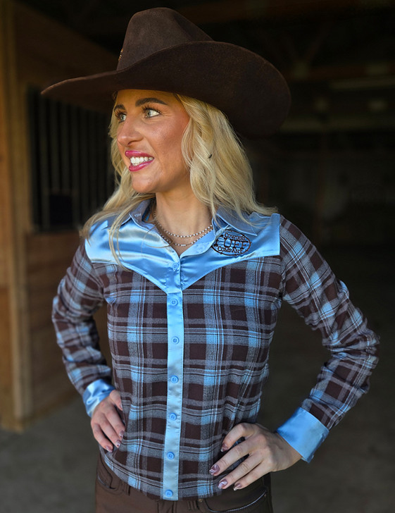 Brown & Blue Plaid with Blue Satin Pullover Button Up with embroidered logo