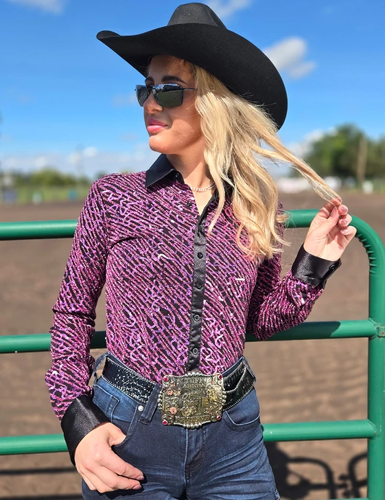 Pink Sequin Swirls on Black Jersey Pullover Button Up with Black Satin collar
