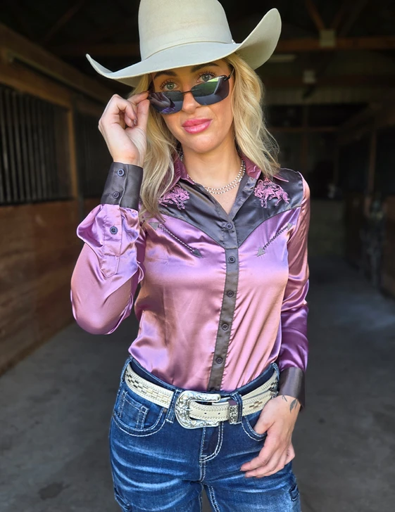 Soft Pink & Gray Satin Retro Buckin Horse Pullover Button Up