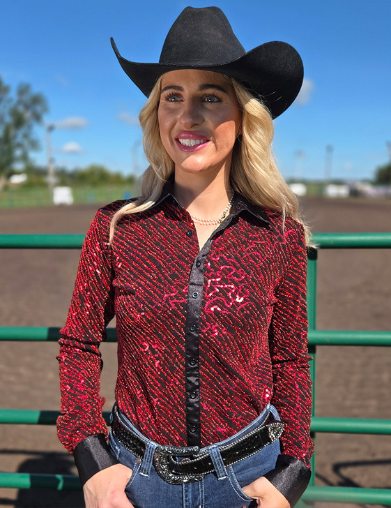 Red Sequin Swirls on Black Jersey Pullover Button Up with Black Satin collar