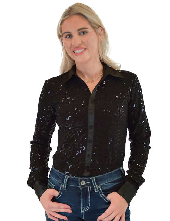 Black Sequin Swirls on Black Jersey Pullover Button Up with Black Satin collar