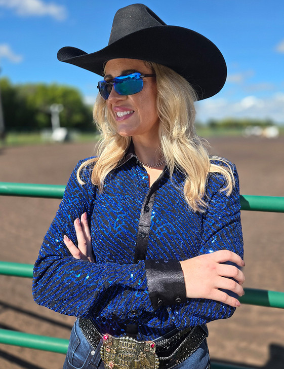 Royal Blue Sequin Swirls on Black Jersey Pullover Button Up  with Black Satin collar