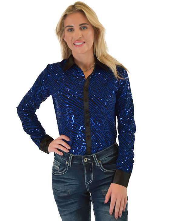 Royal Blue Sequin Swirls on Black Jersey Pullover Button Up  with Black Satin collar