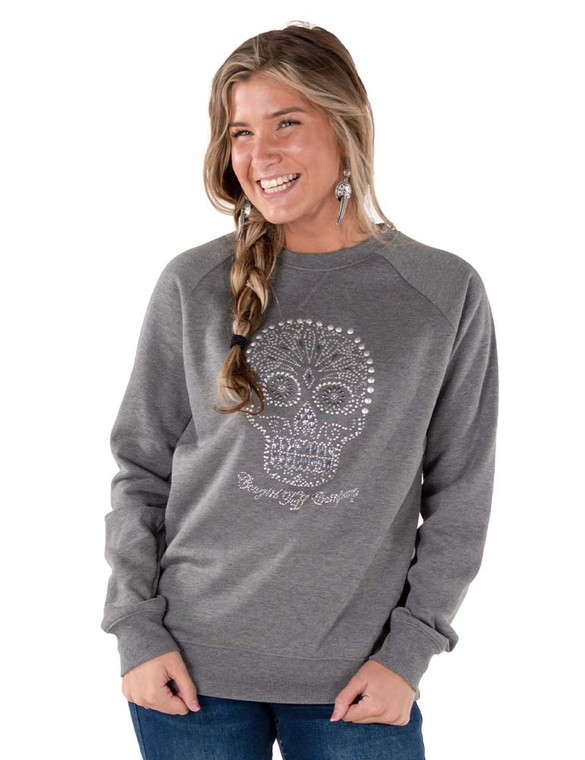 Silver Skull Crystal Patch LADIES Fit Crew-Neck Sweatshirt (Heather Gray)
