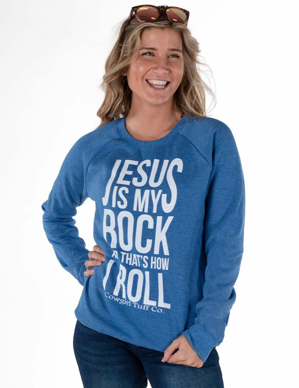 Jesus is my rock white print JUNIOR FIT crew-neck sweatshirt (royal blue)