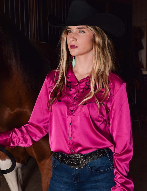 Pullover Button-Up (Pink Lightweight Stretch Satin with black embroidery accents)