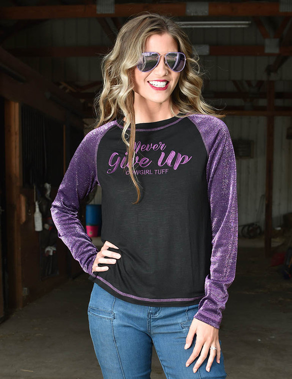 LS Tee with Never Give Up Embroidery (Black Lightweight Slub with Purple Shimmer Breathe Sleeves)