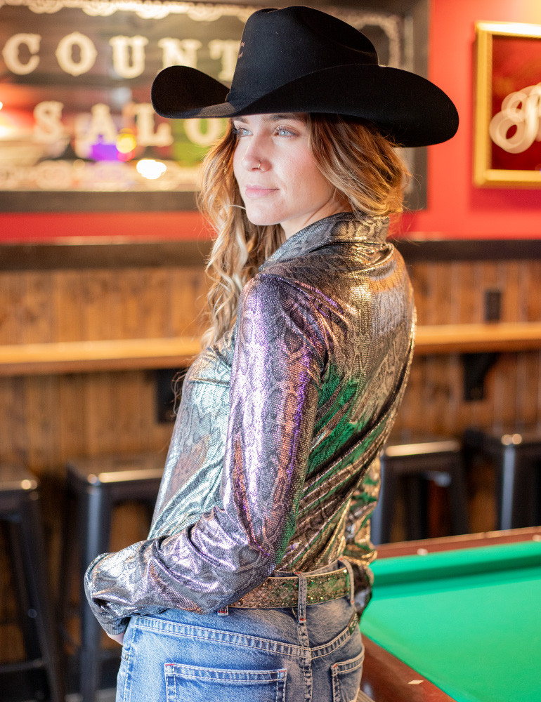 Cowgirl Tuff Pullover Arena Shirt - Sapphire Stretch Satin With Sheer Velvet Mesh Sleeves main image 1