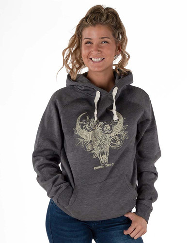 Floral Longhorn Skull Print Unisex Hooded Sweatshirt (Grey
