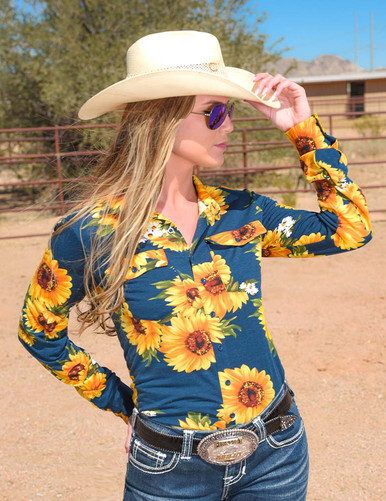 Pullover Button-Up (navy with yellow sunflowers print) - Cowgirl