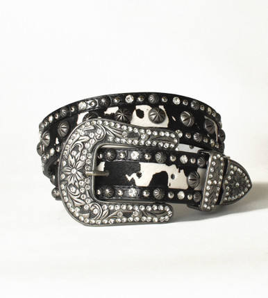 80s Chad Calvin Silver tone Studded Filigree & Black Rhinestone Leather Belt 80s Chad Calvin Silver tone Studded Filigree & Black  main image 4