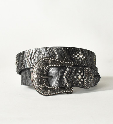 Black Metallic Leather Belt with Rhinestones, Studs, and 