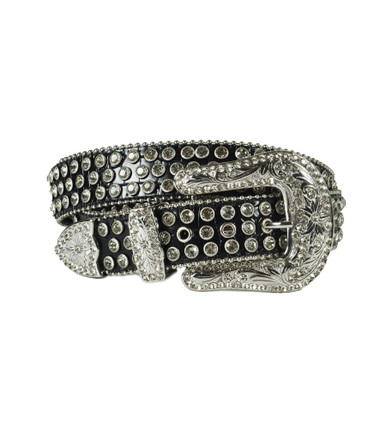 Black Leather Belt with 3-Line Rhinestone Studs and Silver  display picture 1