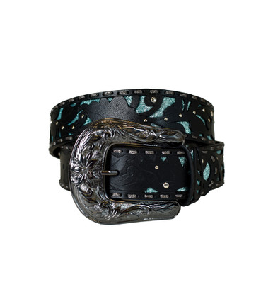 Black Embossed Leather Belt with Glitz, Silver Stitching  display picture 3