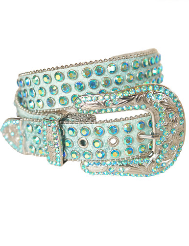 Turquoise Three Line Rhinestone Studded Leather Belt  display picture 3