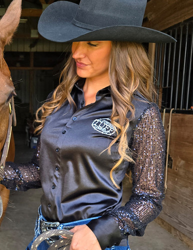 Pullover Button Up (Black Satin with Sheer Sequin Sleeves