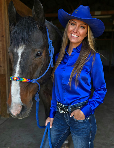 Royal Blue Satin Pullover Button Up Midweight & Low Stretch