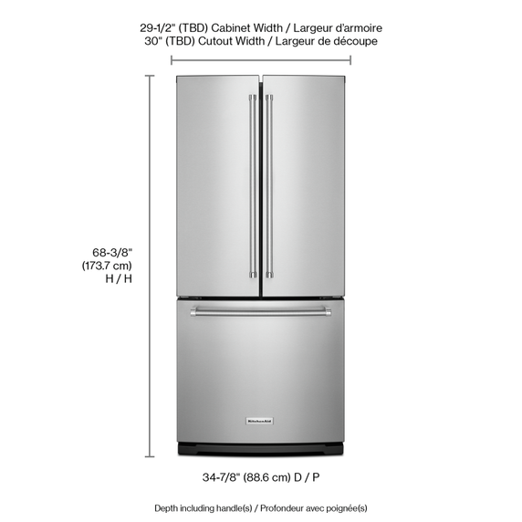 Kitchenaid® 20 cu. Ft. 30-Inch Width Standard Depth French Door Refrigerator with Interior Dispense KRFF300ESS