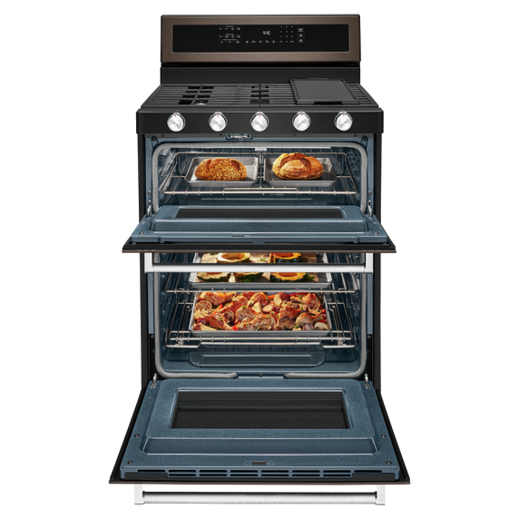 Kitchenaid® 30-Inch 5 Burner Gas Double Oven Convection Range KFGD500EBS