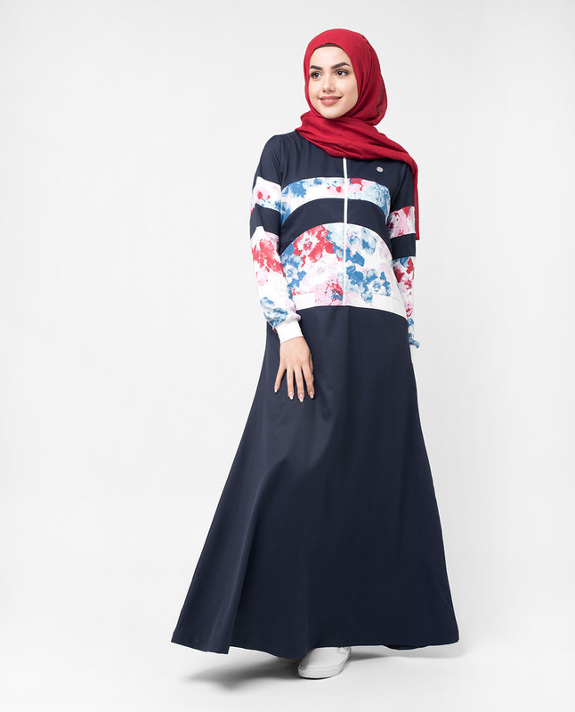 Blue Floral Zip Down Flared Jilbab