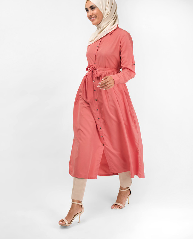 Dusty Rose Gathered Shirt Dress