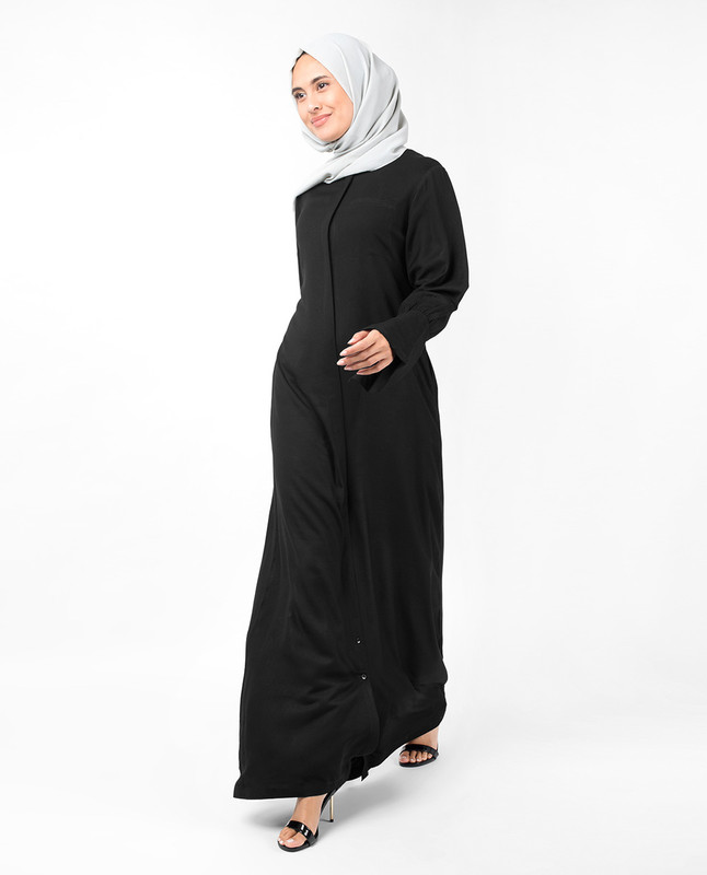 Full Front Open Black Bell Sleeve Abaya