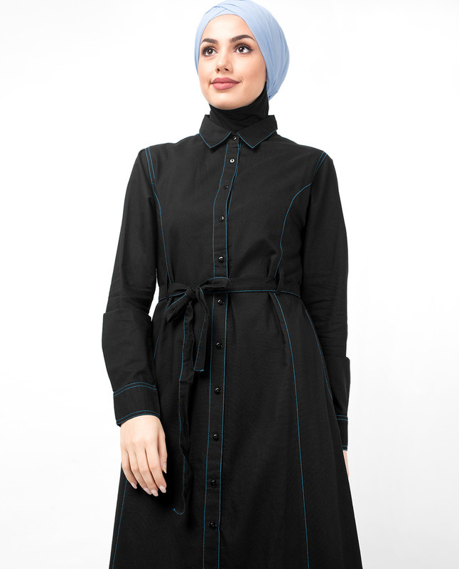 Full Front Open Black Waist Tie Up Abaya