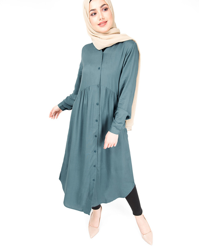 Blue Full Front Open High Low Shirt Dress