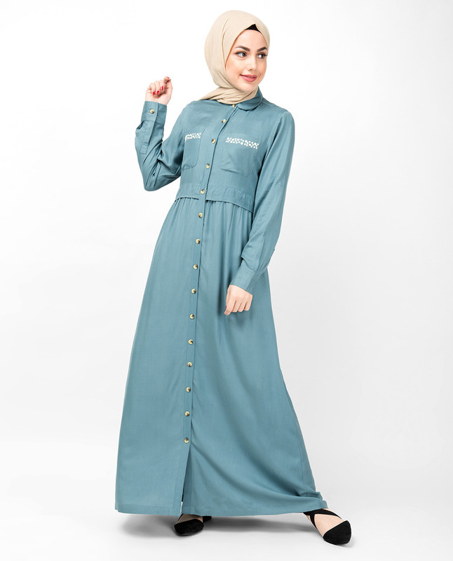 Smoke Blue Full Front Open Layered Abaya