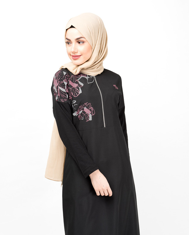 Black Dropped Shoulder Floral Jilbab