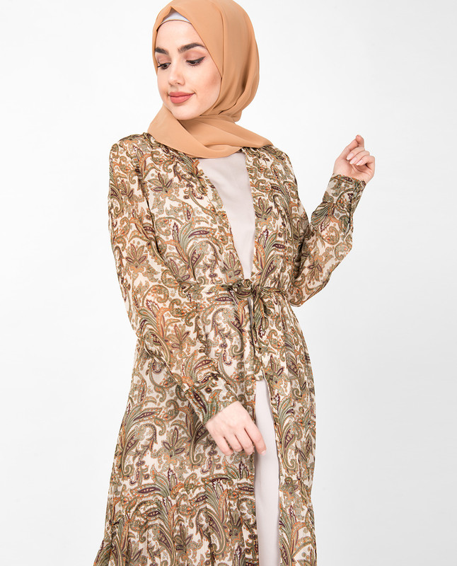 Brown Paisley Printed Full Front Open Outerwear