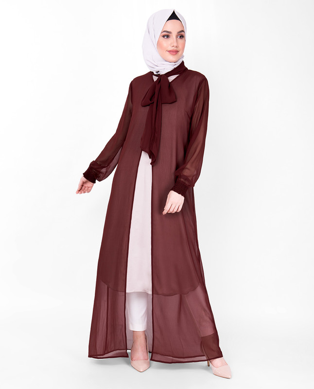 Maroon Gathered Neck Sheer Outerwear