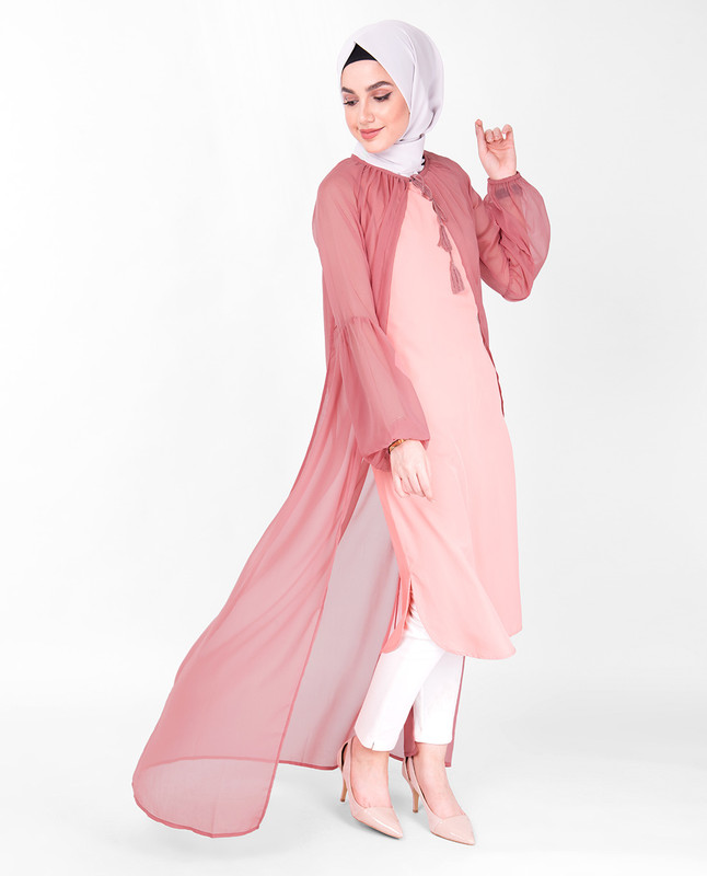 Pink Gathered Neck Sheer Outerwear
