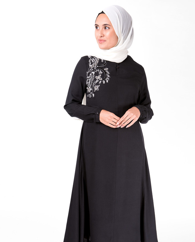 Black Mandarin Collar Embroidery Midi