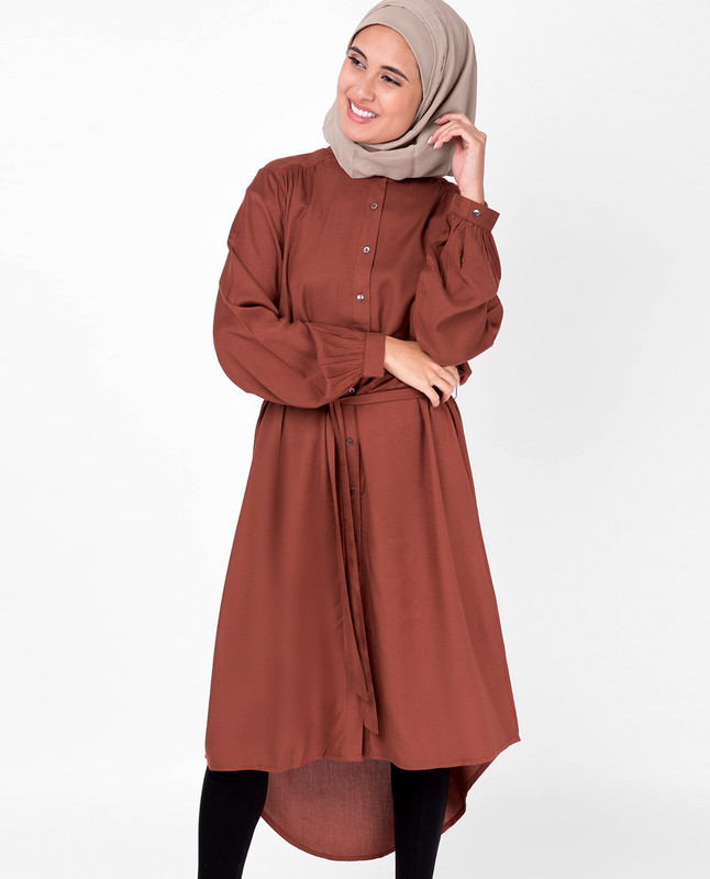 Balloon Sleeve Muted Sequia Shirt Dress