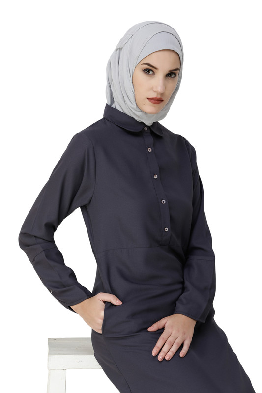 Graphite Grey Shirt Collar Flared Abaya