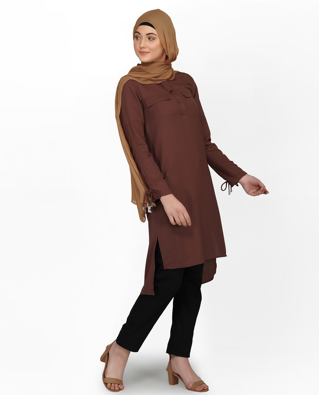 Cognac Brown Drawstring Sleeve Midi Dress