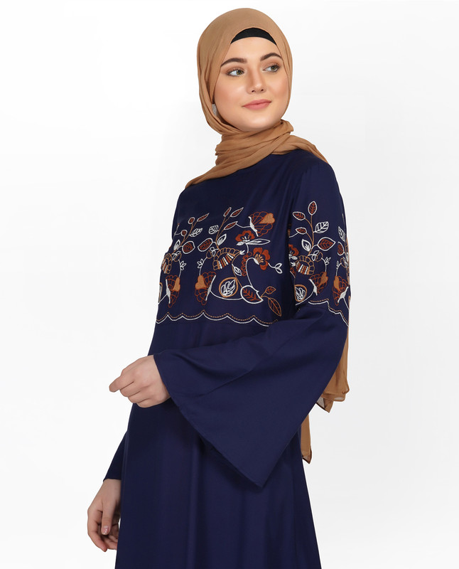 Navy Embroidered Bell Sleeve Abaya