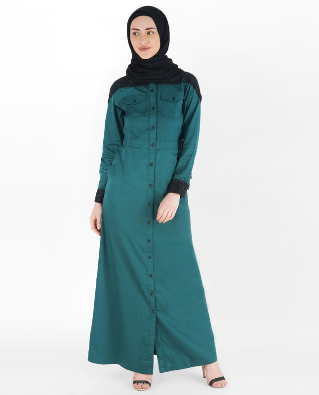 Balsam Green Full Front Open Laced Abaya