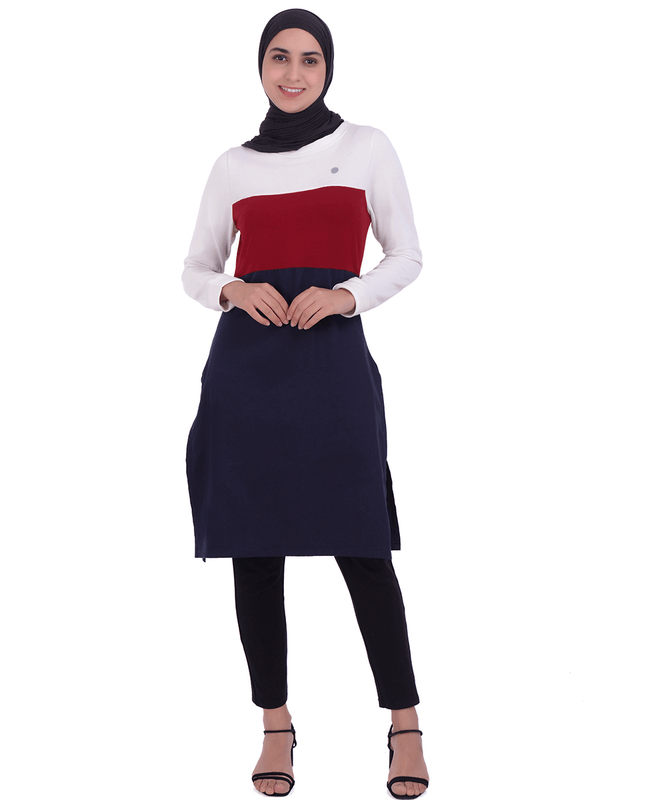 Navy Twill & Jersey Colour Block Top