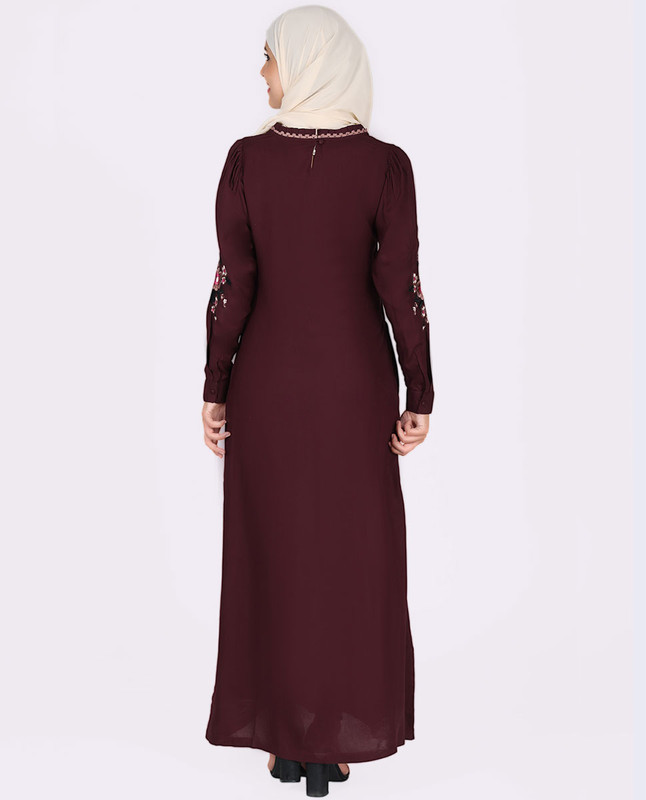 Frilled Neck Floral Embroidery Burgundy Abaya