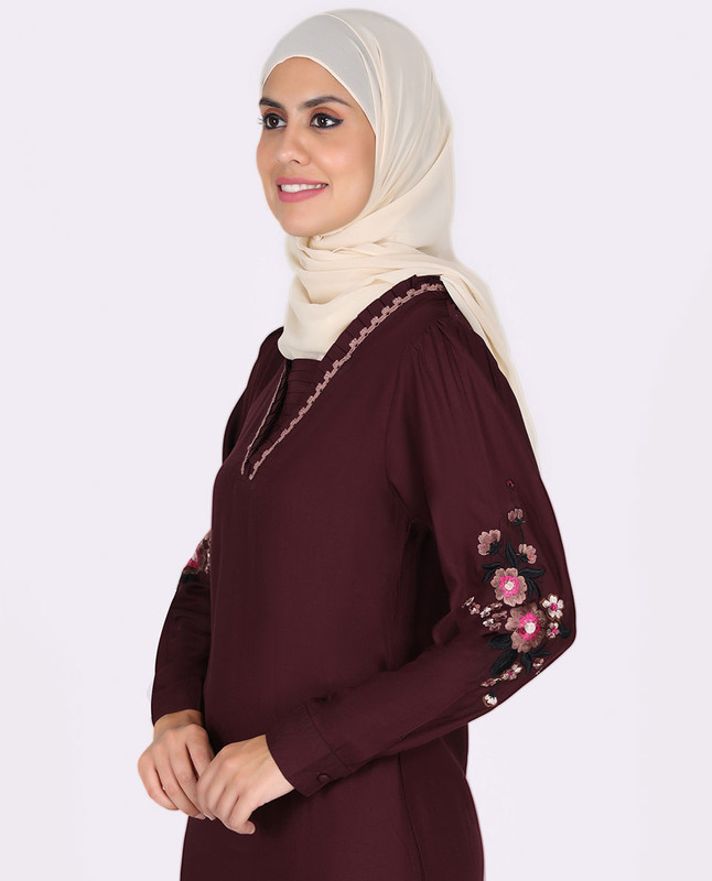 Frilled Neck Floral Embroidery Burgundy Abaya