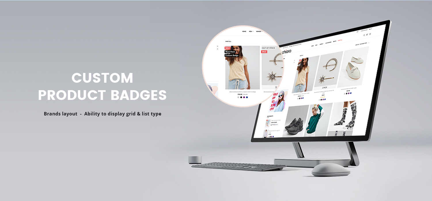 Custom product badges. Brands layout  -  Ability to display grid & list type.