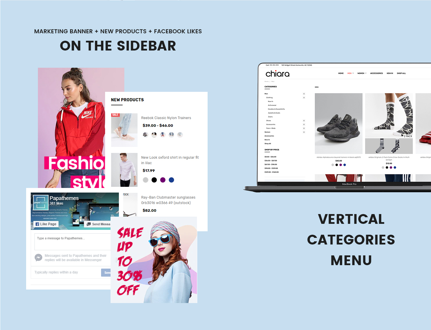 Marketing banner, new products, facebook likes on the sidebar. Vertical categories menu